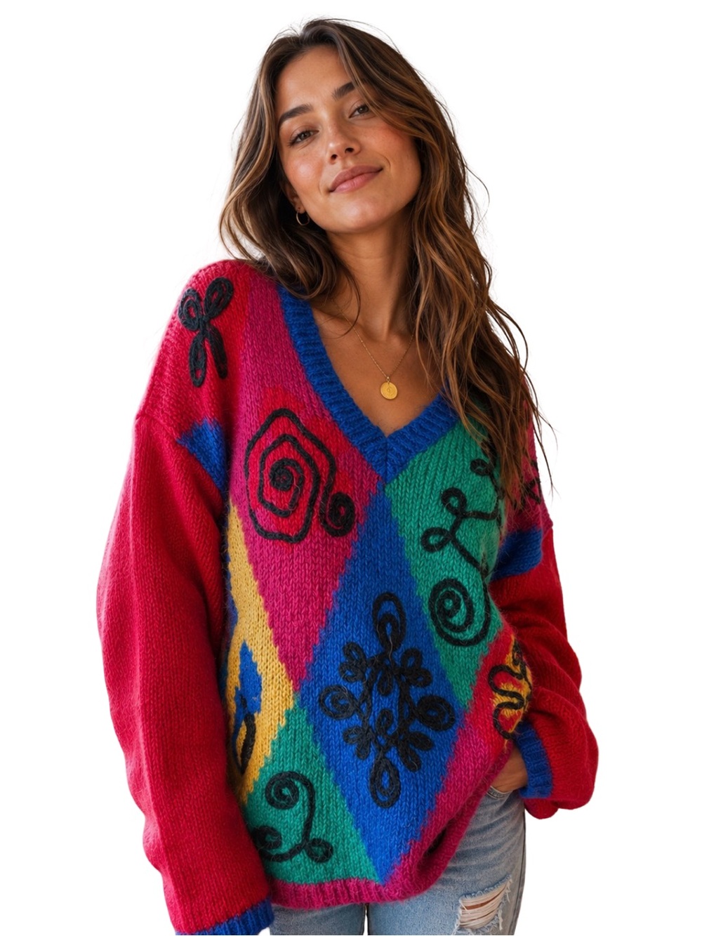 Vtg 80 90 The Limited Mohair primary color colorblock Geometric Swirl sweater S